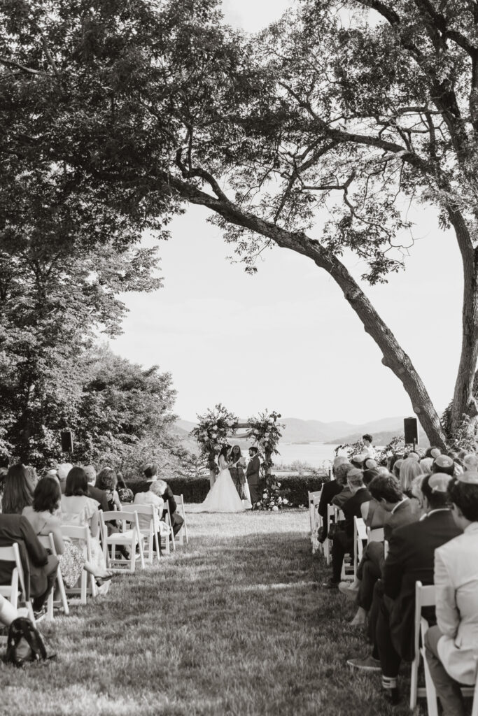 Jewish wedding ceremony at Boscobel House and Gardens Cold Spring New York Hudson Valley black and white photo of ceremony space 