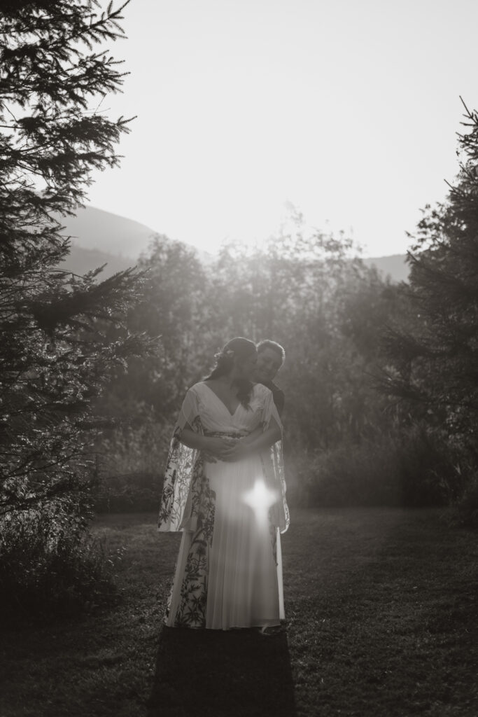 black and white golden hour portraits in the family back yard. intimate wedding in round top new york