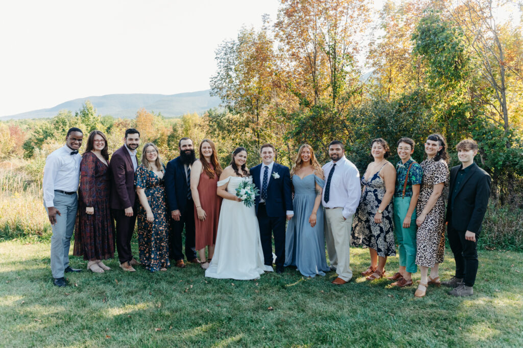 large group photo of bridal party at intimate wedding at Round Top New York